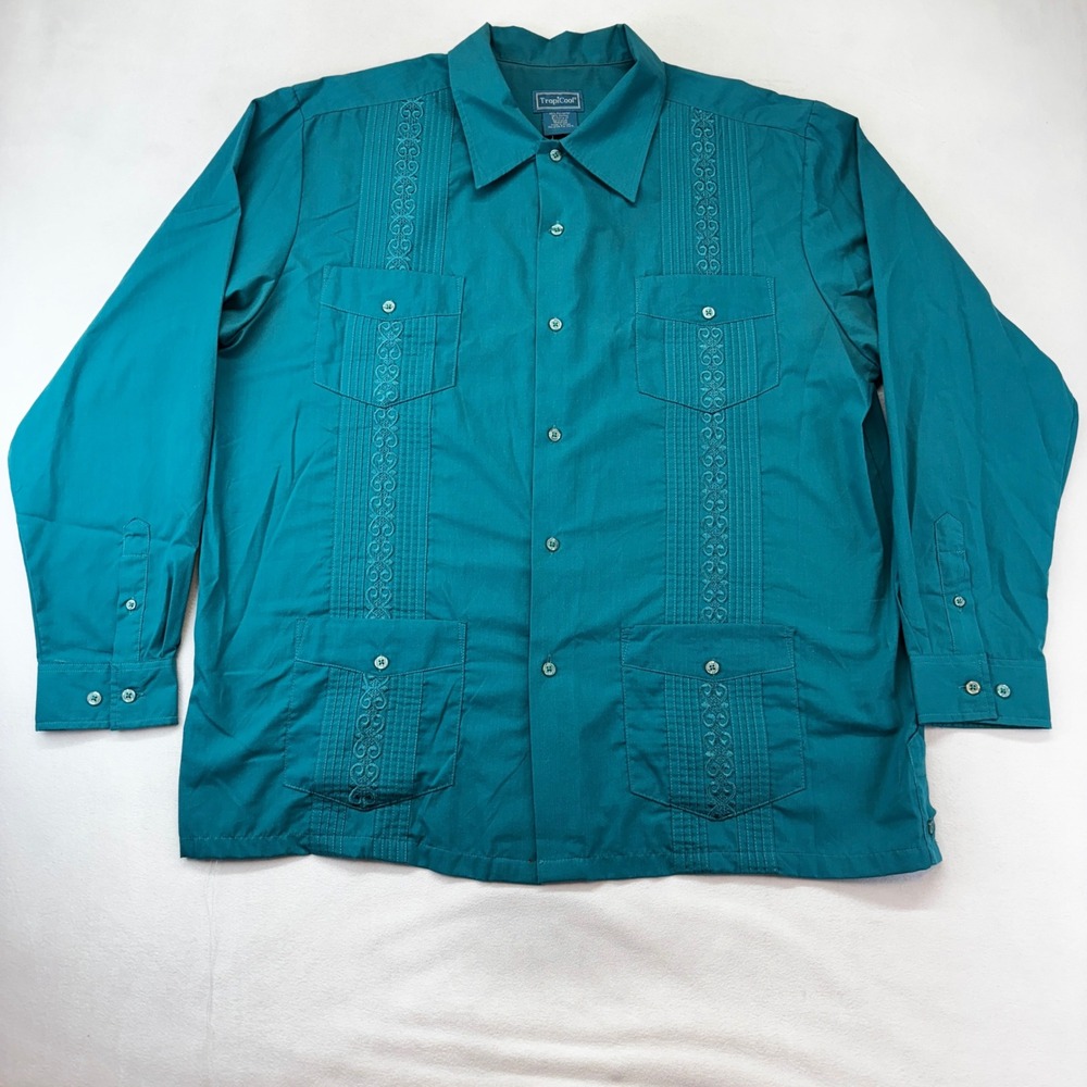 TropiCool Guayabera Shirt Mens Large Teal Long Sleeve Embroidered 4 Pocket Cuban